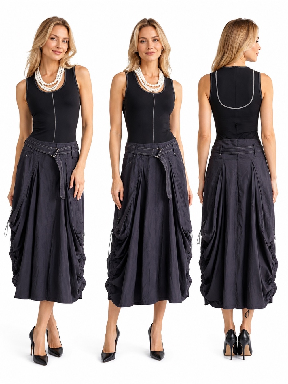 bebe Charcoal Black Gathered maxi dress with Waist Tie. One piece dress